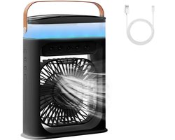 Mobiele Airconditioning - Draagbare Luchtkoeler - Mini Airco - 4-in-1 Ventilator met USB - Luchtkoeler met 600ml Watertank - Kleine Airconditioning voor Slaapkamer & Camping - 3 Snelheden & 3 Nevelmodi - Met 6 Kleuren Nachtlampje