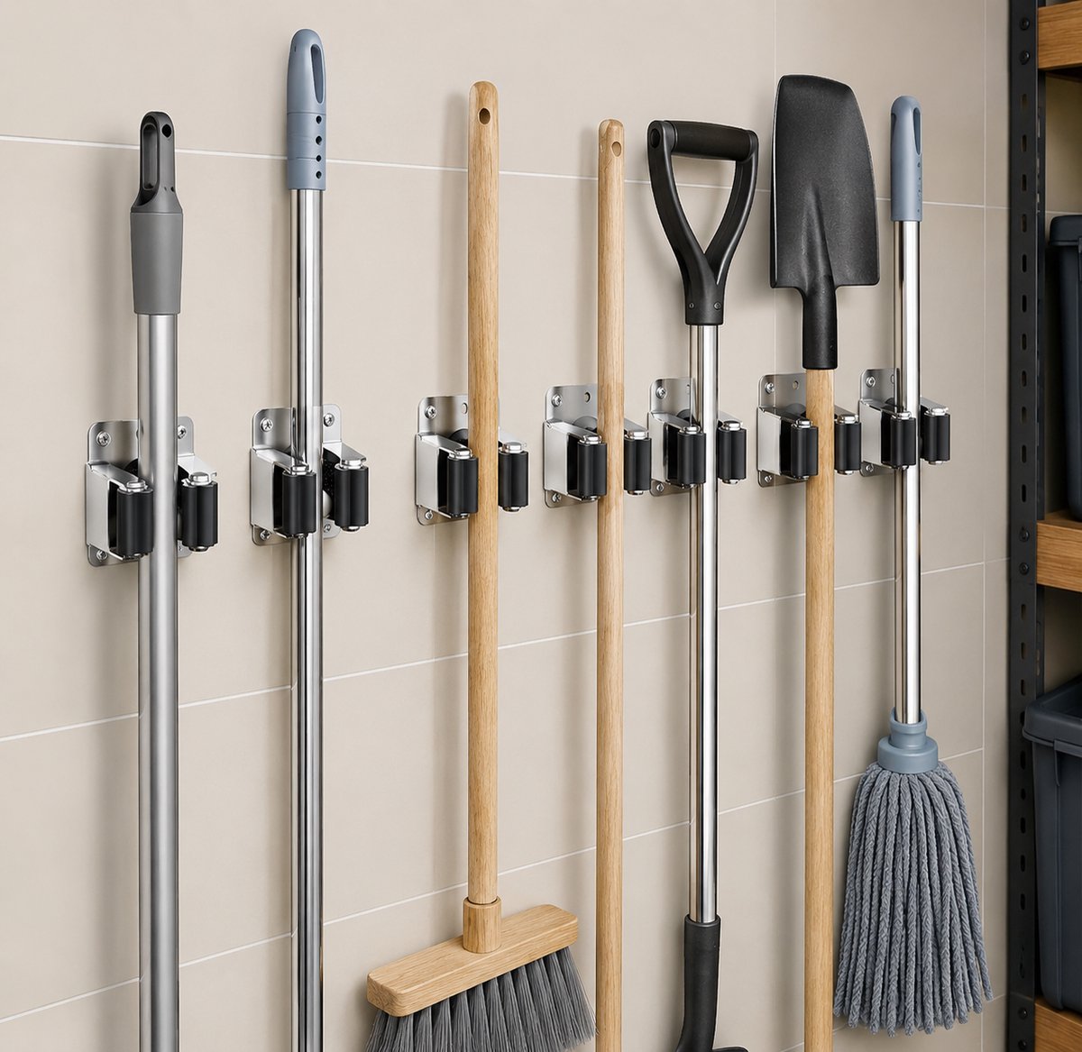MONTKIARA Multifunctionele Bezemhouder Wandmontage Set met Houders en Haken - Tuingereedschap Ophangsysteem voor Garage Werkplaats en Tuinhuis