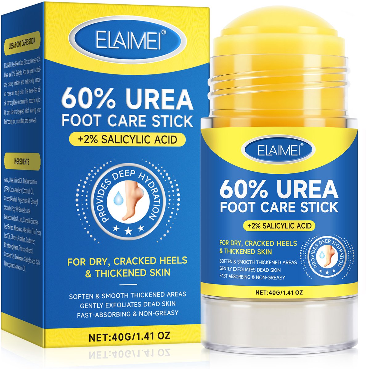 ELAIMEI Urea Voetcrème Stick 60% - 2% Salicylzuur - Tegen Eelt, Kloven en Droge Hielen - Voetverzorging - 40g