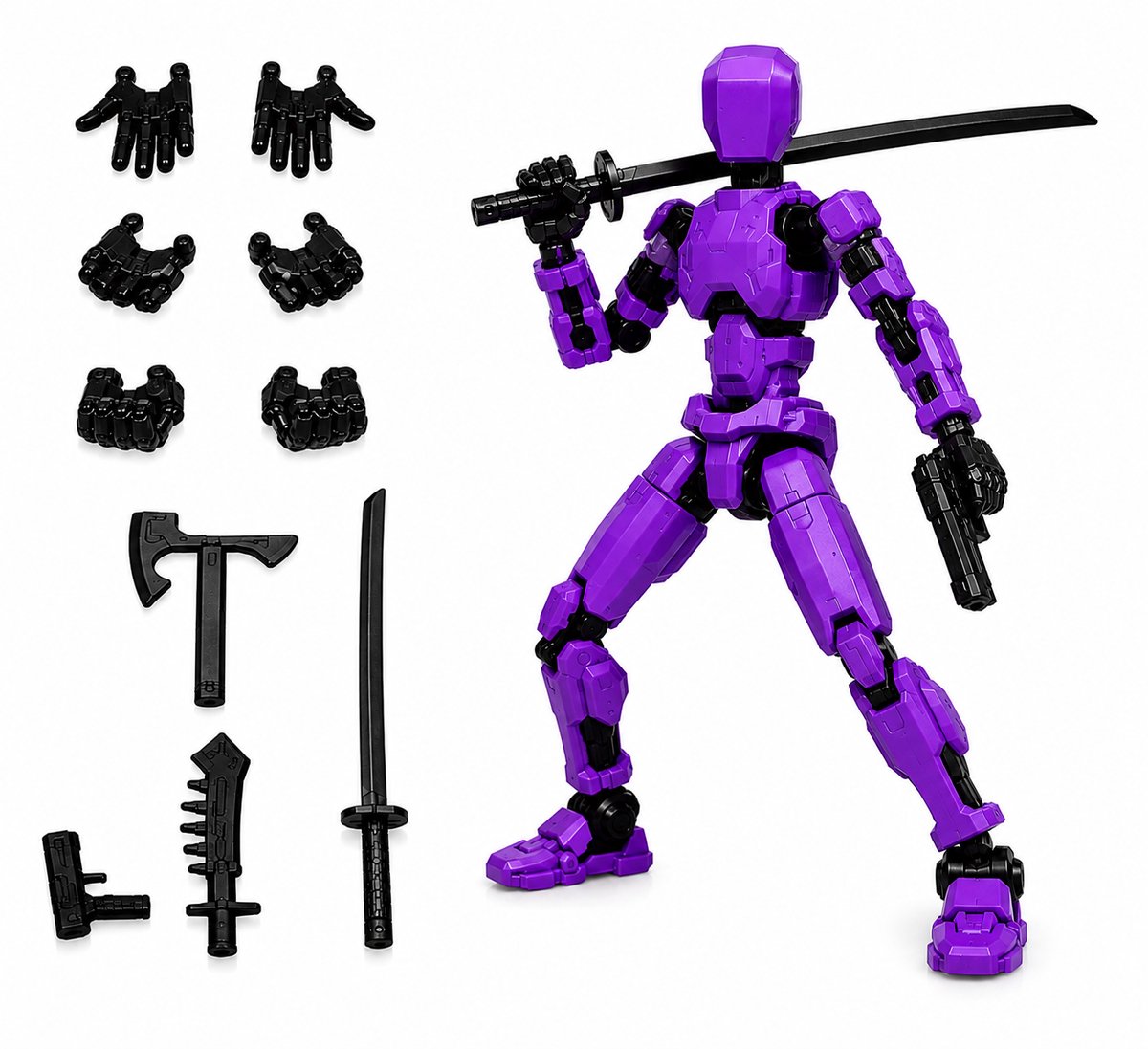 Enluxe Paarse T13 Stick Action Figure – Flexibele Beweegbare Pop, Verwisselbare Handen en Speelgoedwapens, Creëer je Eigen Gevechtsscene, Perfect voor Kinderen en Verzamelaars