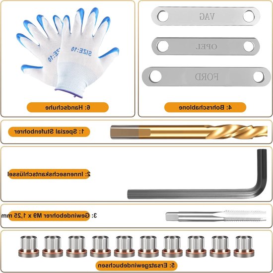 Remdraad reparatieset met 1 paar handschoenen, schroefdraad remklauw geleidingsbout schroefdraad M9 x 1,25 compatibel met VAG VW Audi Ford Opel — afbeelding 5