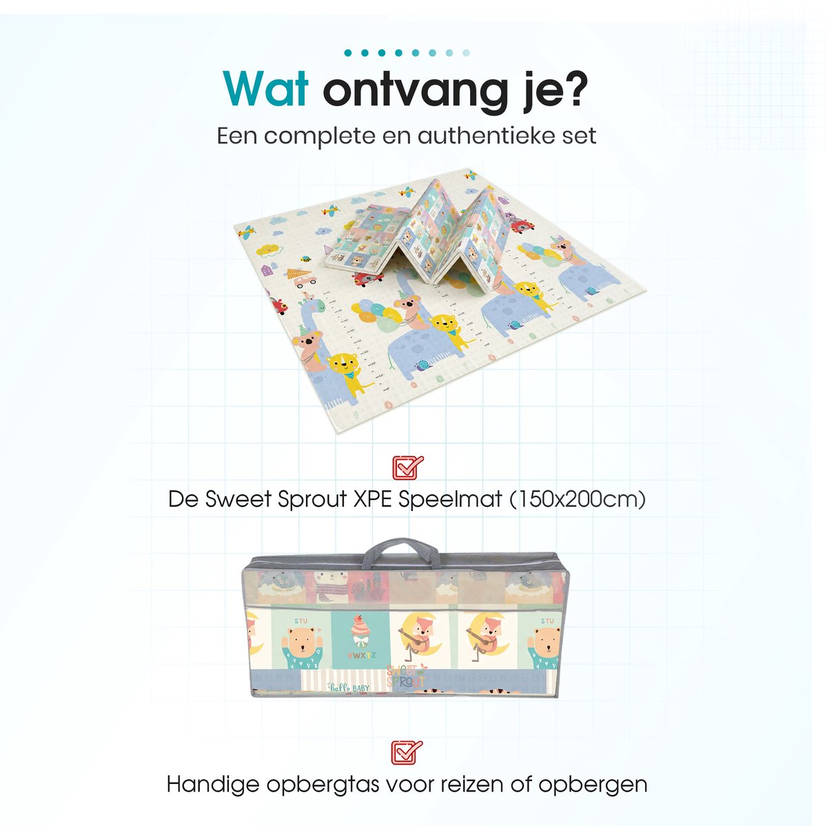 Sweet Sprout Speelmat – Speelkleed - Kinderen – Boxkleed - Babygym - Zachte Kruipmat met dieren – Speelmat foam - Baby - Opvouwbaar - Babyshower - 150x200cm - Inclusief opbergtas — afbeelding 7