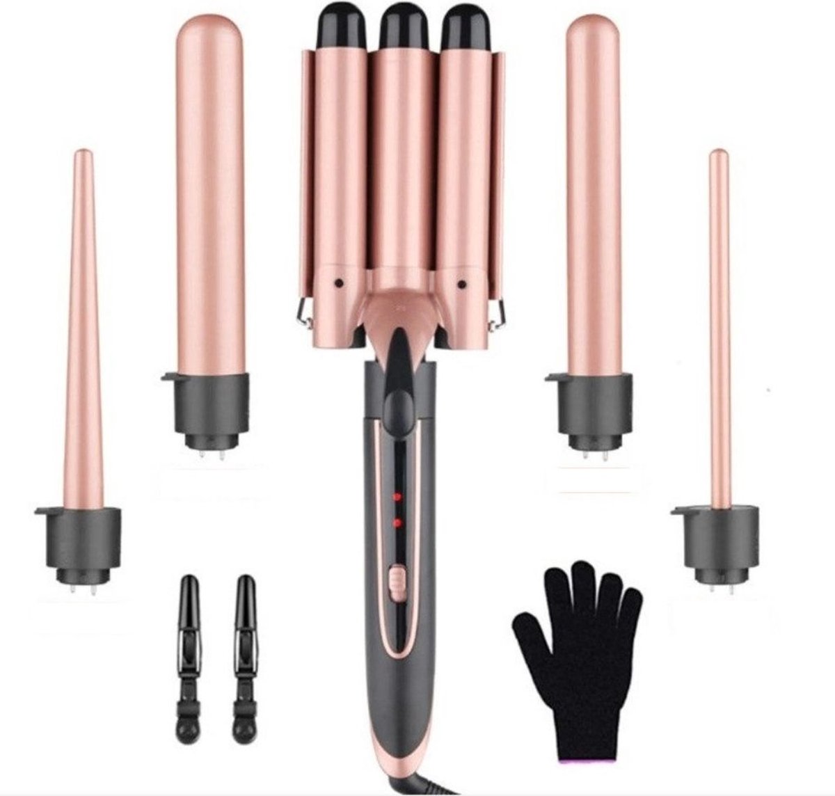 Krultang, 5-in-1 krultangset, 4 verwisselbare krulpunten, geschikt voor alle haartypes, inclusief handschoenen en 2 haarclips.