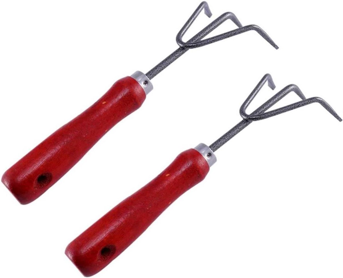 Drietandige Eg - Handhark - Onkruid Wieden - Ergonomisch Handvat - 2 Stuks - Rood