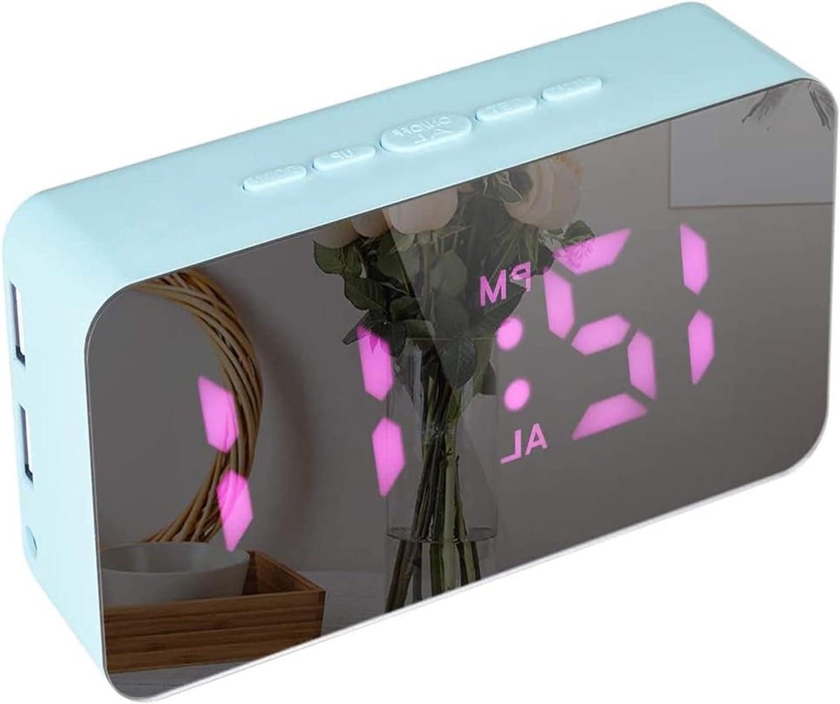 Spiegel Wekker - Digitale Klok - Wakker Worden - RGB LED Verlichting - USB Batterij - Blauw