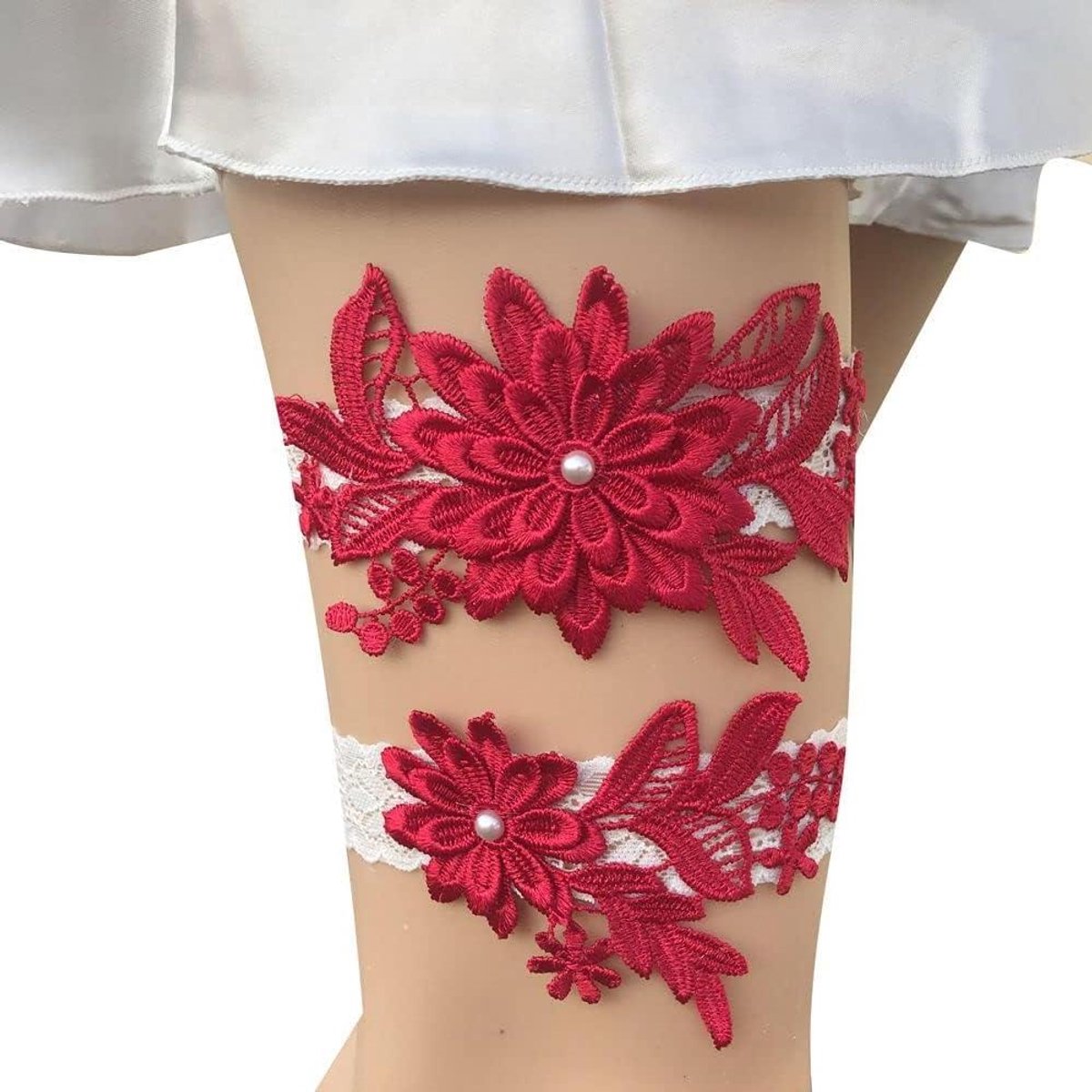 Bruid Kousenband Set - Bruiloft Accessoires - Feestelijke Aankleding - Kant en Parel Decoratie - 40-60cm - Rood