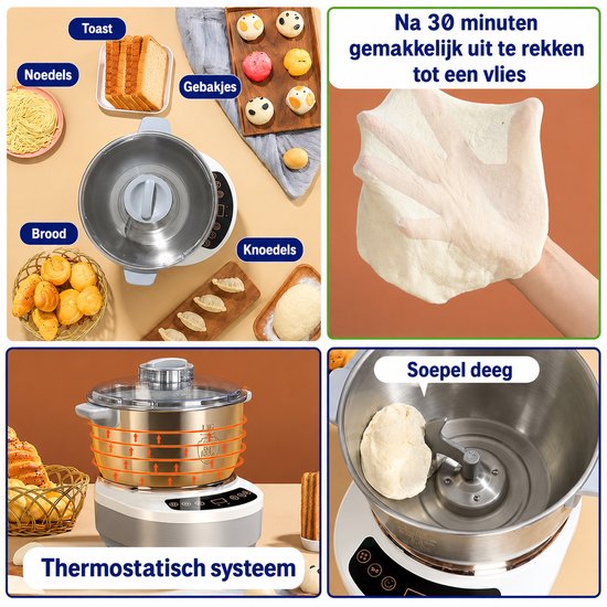 Jensaro Deegkneedmachine 7L - Elektrische Deegmixer Met Fermentatie/Rijsfunctie - RVS Mengkom - Voor Brood, Pizza Of Koekjes — afbeelding 4