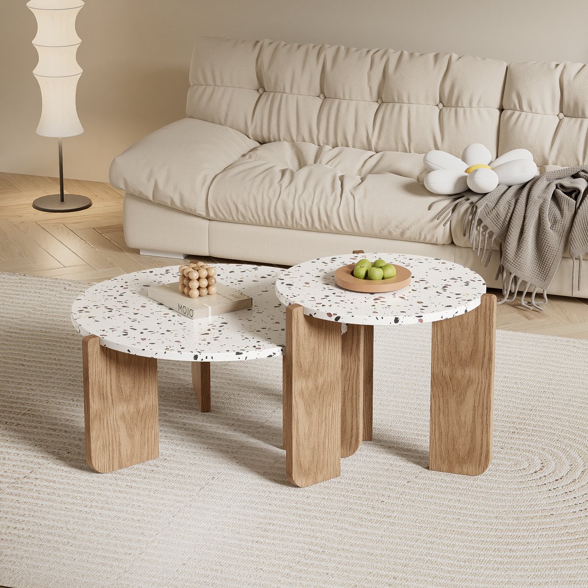 MODENUIT Salontafelset - Nestbare Bijzettafels Voor Woonkamer En Balkon - MDF - Natuurlijk En Wit - 70x70x35 cm Wit + Houtkleur