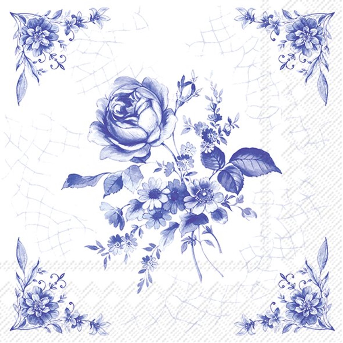 IHR Lunch servetten - Rose on Tile White Blue - 20 stuks - Roos - Delfts Blauw - Tafeldecoratie - Blauw Wit - Decoupage - Geschenkenlaantje