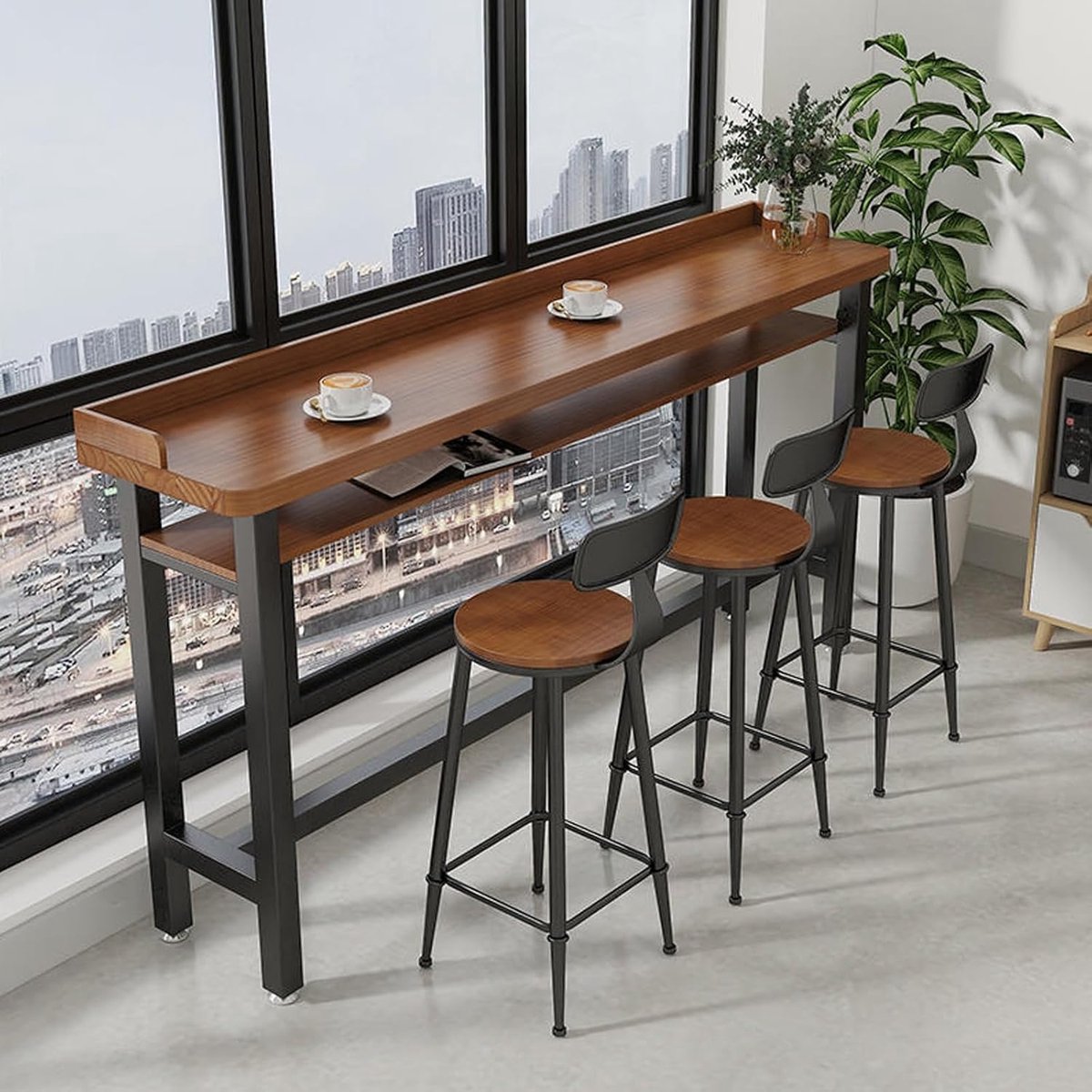 Bartafel 120x40x105 cm – Industriële Hoge Tafel van Massief Hout met Dubbel Opbergrek, Smal Design voor Keuken, Eetkamer, Balkon en Huisbar – Mobili Bella