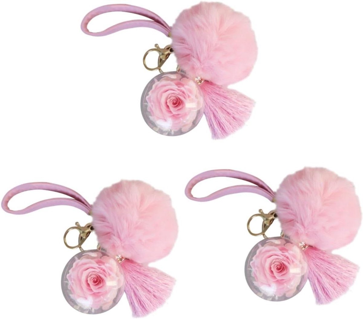 Rozen Sleutelhanger - Armband Hanger - Tas Decoratie - Gepreserveerde Bloem - 3 Stuks - Roze