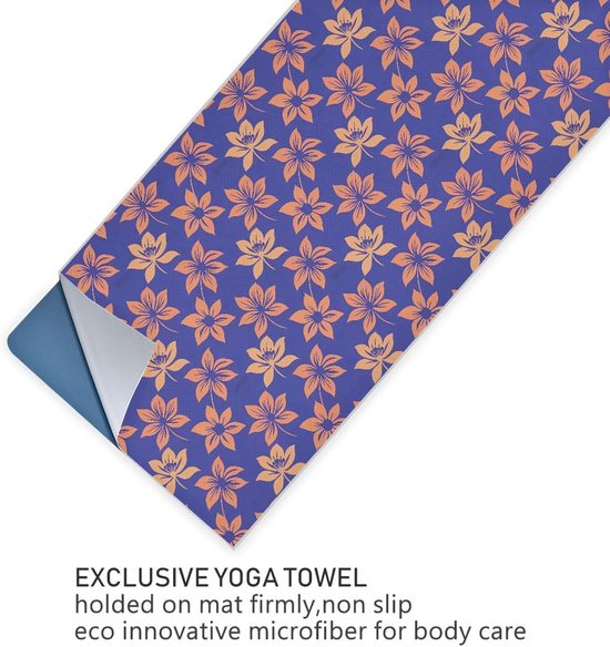 Yoga Handdoek Mat - Fitness Deken - Zweet Absorberen - Antislip Natuurlijk Rubber - 185 x 69 cm - Blauw Bloem — afbeelding 4