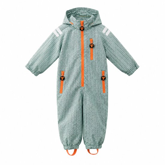 Groen regenpak met visgraatpatroon en oranje details, staand.