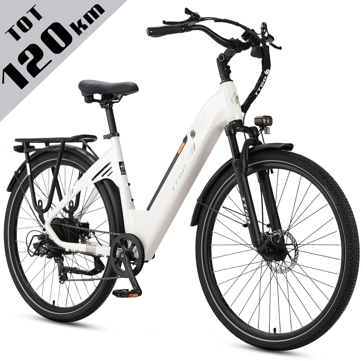 Elektrische Fiets TTGO C3 - 36V 18AH Accu - Actieradius Tot 120 Km - Aluminium Lage Instapframe - 28×2.0 Inch Wielen - Shimano 7 Versnellingen - Mechanische Schijfremmen - LCD Display - Elektrische Stadsfiets - Wit