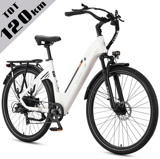 Elektrische Fiets TTGO C3 - 36V 18AH Accu - Actieradius Tot 120 Km - Aluminium Lage Instapframe - 28×2.0 Inch Wielen - Shimano 7 Versnellingen - Mechanische Schijfremmen - LCD Display - Elektrische Stadsfiets - Wit
