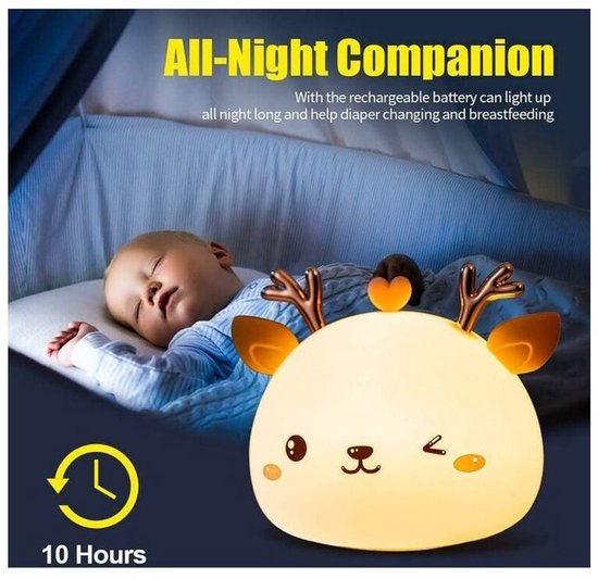 Baby nachtlampje, oplaadbaar LED kindernachtlampje, bedlampje, 7-kleurig draagbaar siliconenmateriaal, meerkleurig hertvormig aanraaklampje, cadeau. — afbeelding 3