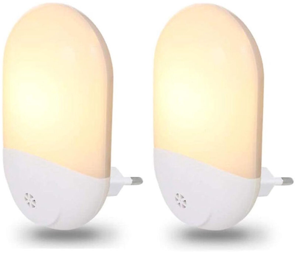 Twee witte plastic LED-nachtlampjes, 2700K warm wit licht, geschikt voor huisbeveiliging en kinderkamerverlichting, geschikt voor zonsondergang- en zonsopgangsensoren.