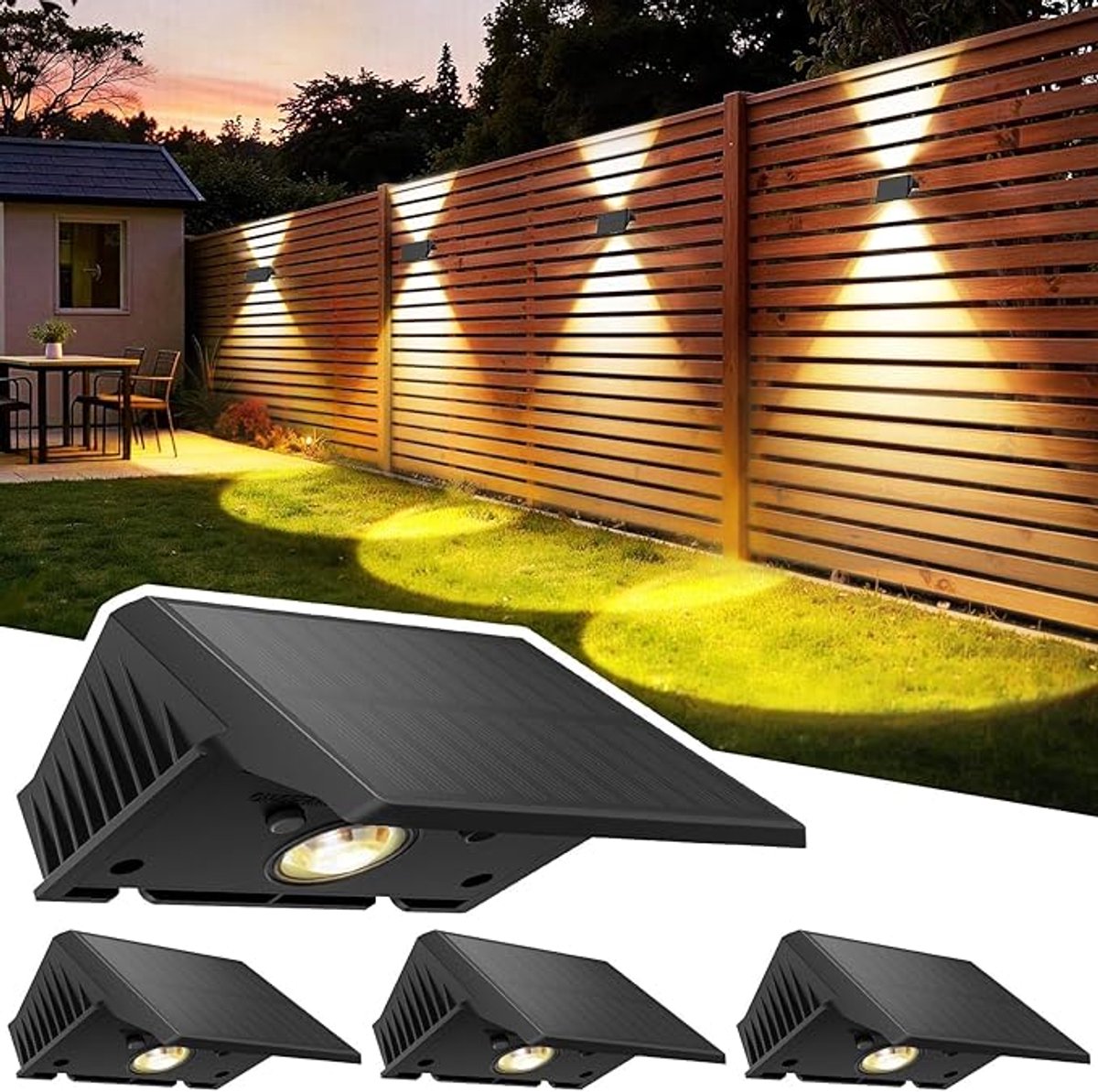 Solar Wandlamp 4 Stuks - Buitenlamp op Zonne Energie - Up & Down Light - Warm Wit - IP67 Waterdicht - Draadloze Tuinverlichting voor Schutting Terras Gevel en Tuin
