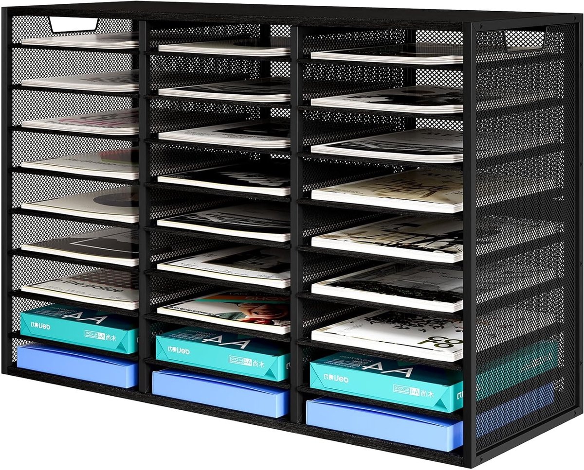 Desktop 9 Laags 27 Compartimenten Bestandenbak - Metalen en Houten Organizer voor Post, Tijdschriften en Papieropslag, Zwart