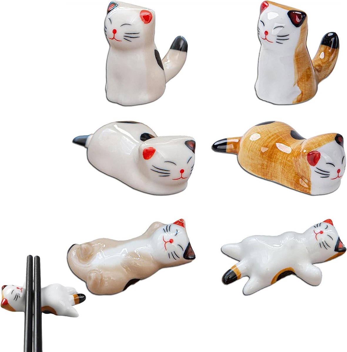 6x Keramische Eetstokjessteun Kat Vorm - Hygiënische Bestekhouder voor Keuken & Tafel