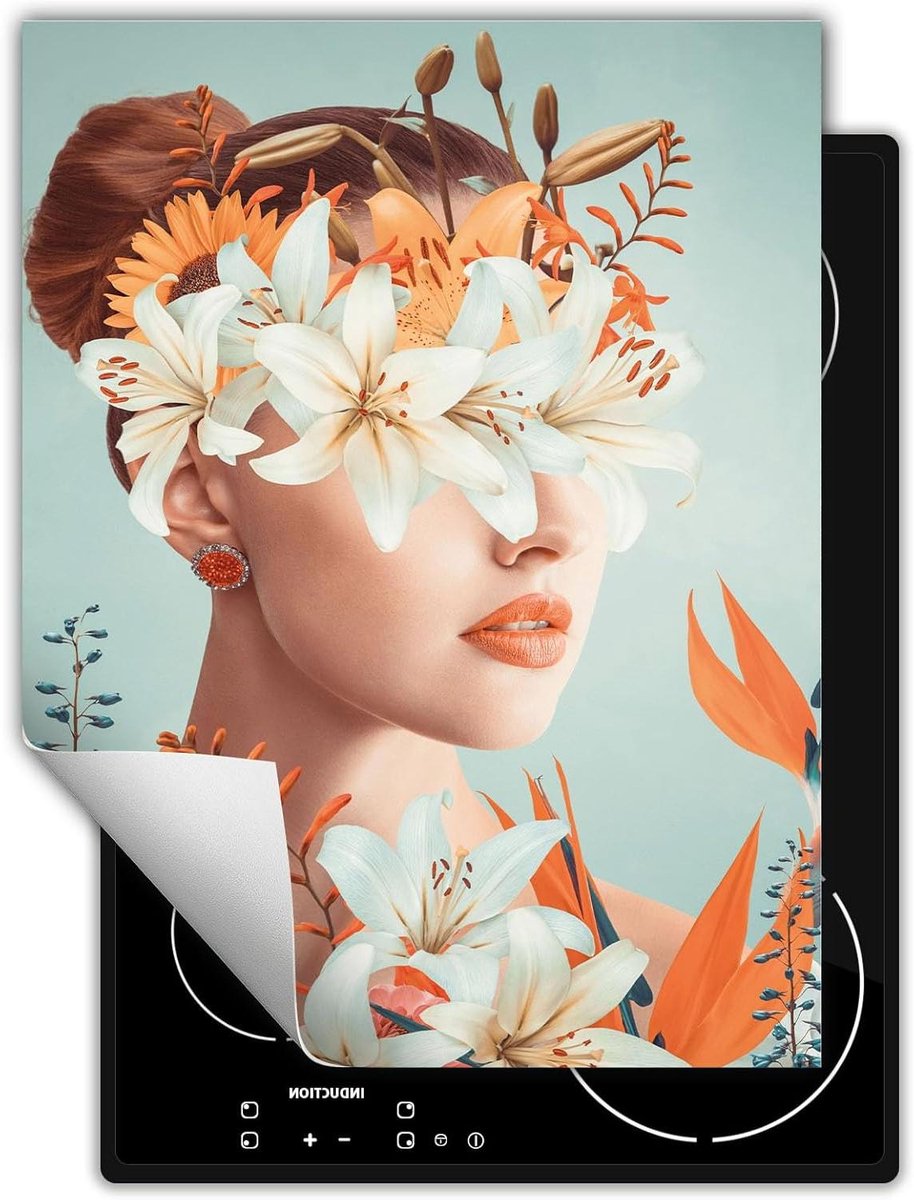 Kookplaat Afdekplaat - Werkbladafdekker - Extra Werkruimte - Antislip Vinyl - 40x52 cm - Bloemen Vrouw