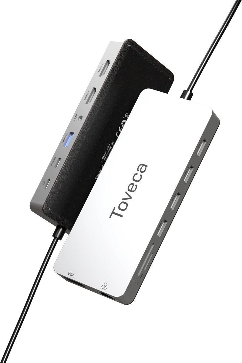 Toveca 14-in-1 USB C Hub - Docking Station Laptop - 2x HDMI 4K - 100W PD - RJ45 - VGA - SD & Micro SD Kaartlezer - USB A 3.0 - USB C 3.0 - 4x USB 2.0 - 3.5 mm Jack