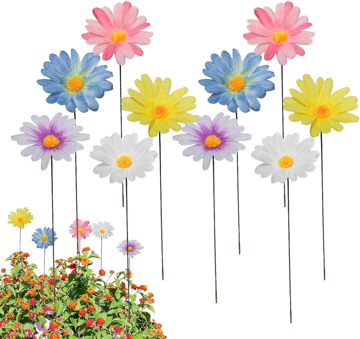 Madeliefjes Tuinstaven - Metalen Ornamenten - Tuin Decoratie - Weerbestendig Kleurrijk - 30 cm Hoog - Meerkleurig