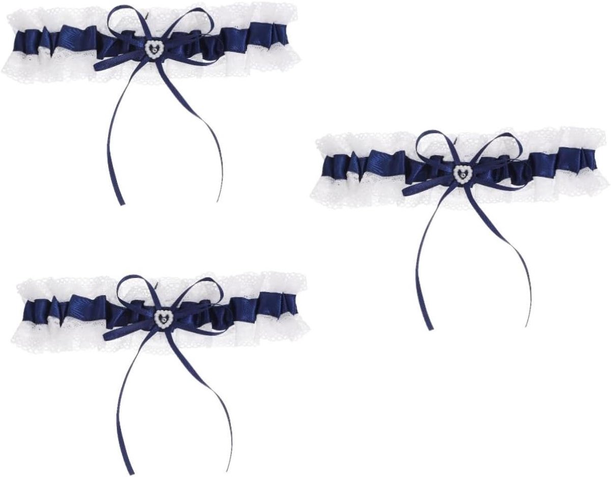 Kousenband Set - Bruiloft Accessoires - Bruids Decoratie - Kant en Strik Ontwerp - 3 Stuks - Donkerblauw