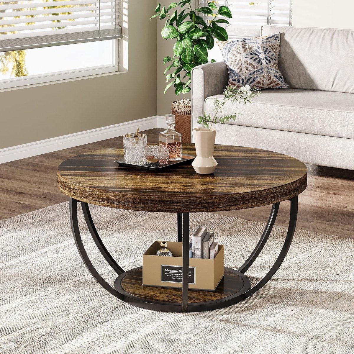 Ronde Salontafel met Opbergruimte Ø80 x 45 cm – 2-Laags Industriële Koffietafel met Opbergplank, Houtlook Tafelblad en Metalen Frame – Moderne Woonkamertafel voor Woonkamer, Kantoor en Lounge – Mobili Bella