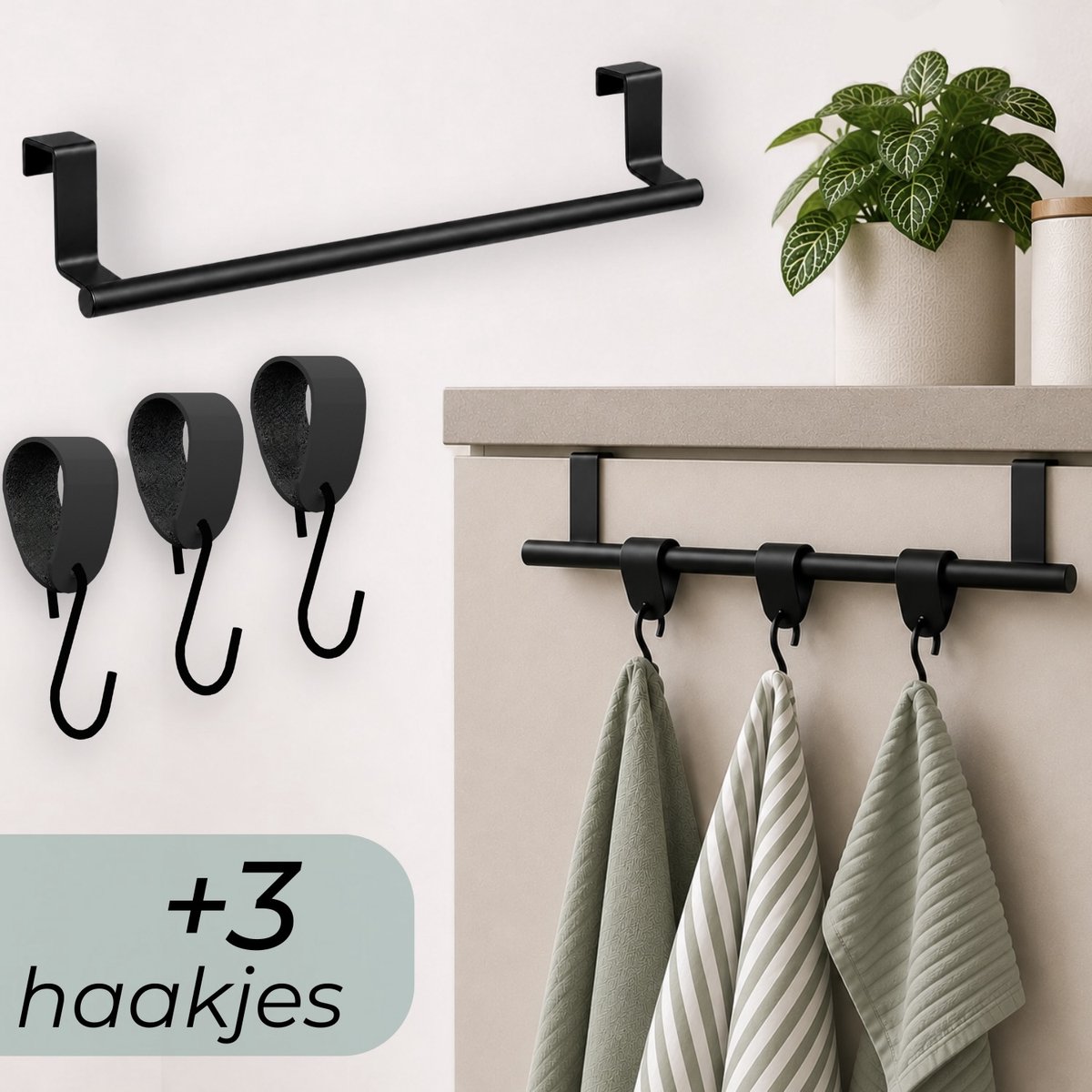 Hoya living - RVS Handdoekrek keukenkastje - VALI 36cm Zwart + 3x leren S-haak hanger handdoekhaakjes - Voor 3 handdoekjes - zonder boren
