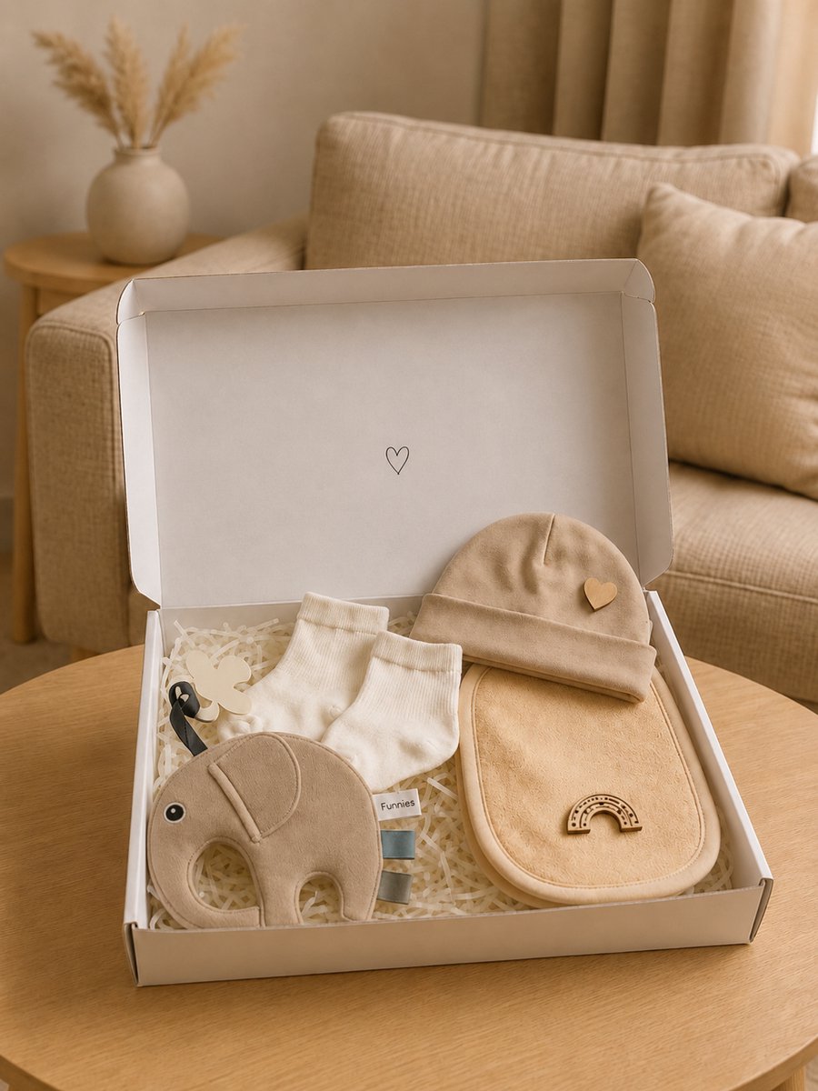 Blijeitje - Kraamcadeau voor Jongen of meisje UNISEX– Babyshower Cadeau & Gender Reveal Gift Box – Baby Cadeau Set - Mutsje, Sokjes, Spuugdoekje & Tutpop beige