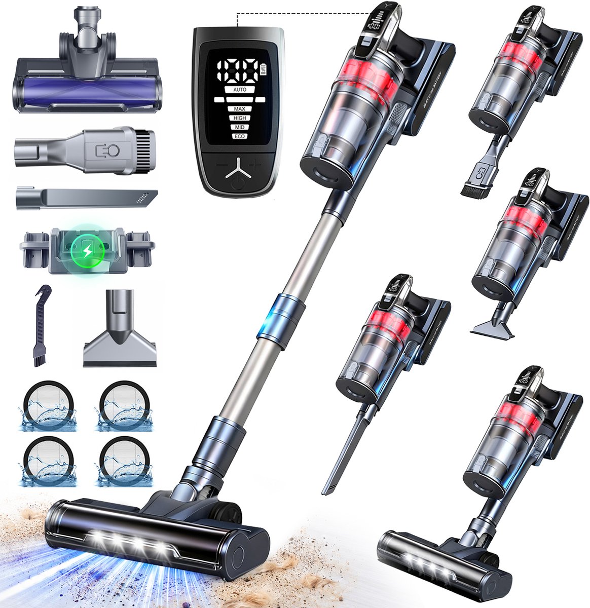 Grenintol - Steelstofzuiger - Steelstofzuiger Draadloos - Snoerloze stofzuiger -85000Pa/500W - LED - Max 60 Min Werktijd - 1,6 L Stofbak - HEPA Filter - 4 Snelheden-Geschikt Voor Tapijt, Harde Vloeren en Dierenhaar