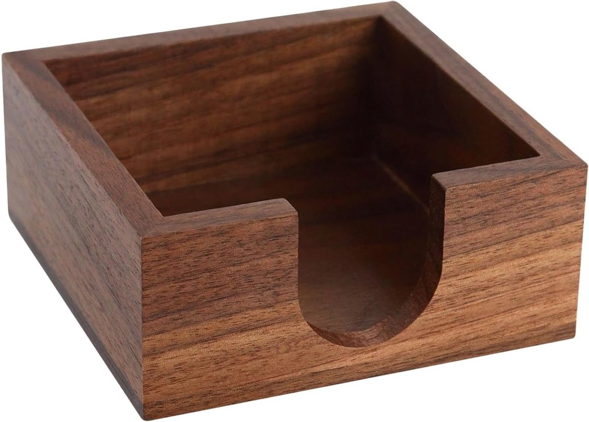 Stijlvolle bureaubladorganizer van zwart walnoot met vierkant ontwerp, afgeronde hoeken en voorvak voor 4 x 4 inch notities, perfect voor kantoor en thuisgebruik