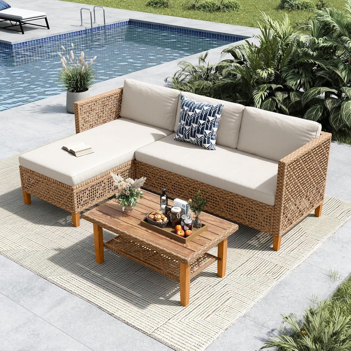 Tuinloungeset 5-Delig 185x122x63 cm Rotan Hoekbank met Dubbele Salontafel, Acaciahouten Poten, Opbergruimte en Beige Kussens voor Tuin, Terras en Balkon - Mobili Bella