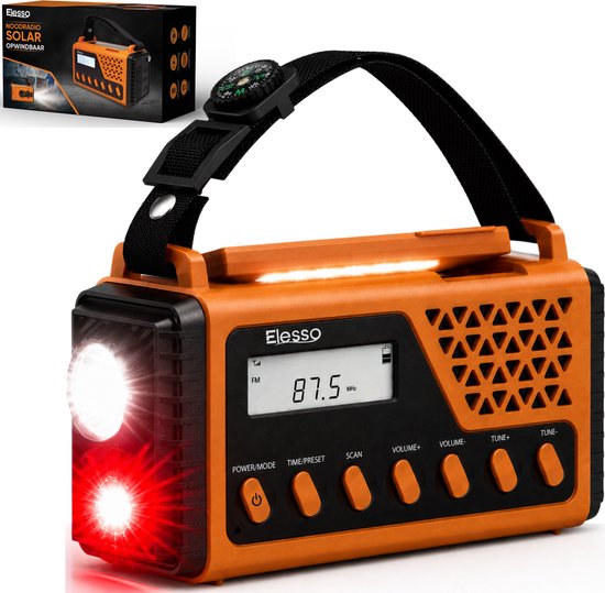 Oranje Elesso noodradio met aan de zijkant een zaklamp en rode lamp. Met handvat en kompas.