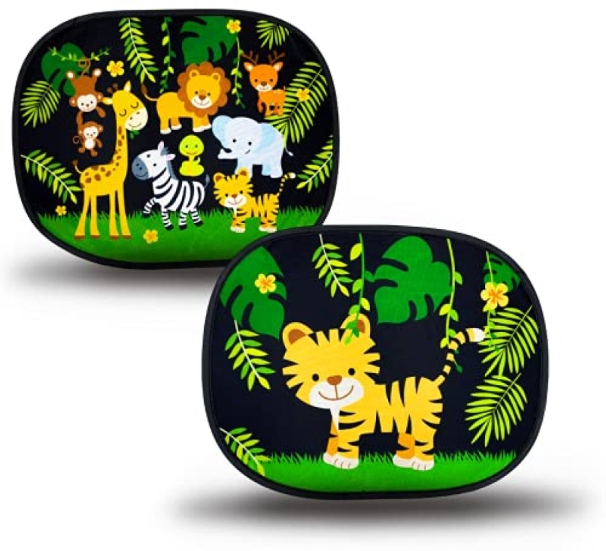 PromoHome Zelfklevende Autozonneklep Zonder Zuignappen - 2 Stuks - 2 Motieven: Jungle & Tiger - 2 Maten (44x36 cm / 48x31 cm) - UV-Bescherming - Incl. Opbergtas