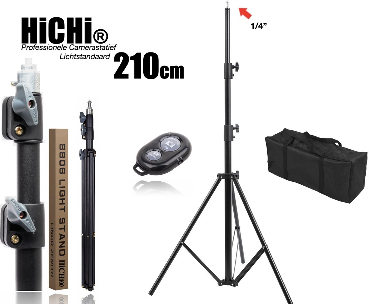 Camerastatief 210Cm hoog inclusief Draagtas Bluetooth Afstandsbediening, Telefoonhouder, 360° Mini Bal Head en GoPro-Adapter - Lichtstandaard - licht statief opvouwbaar HiCHi®