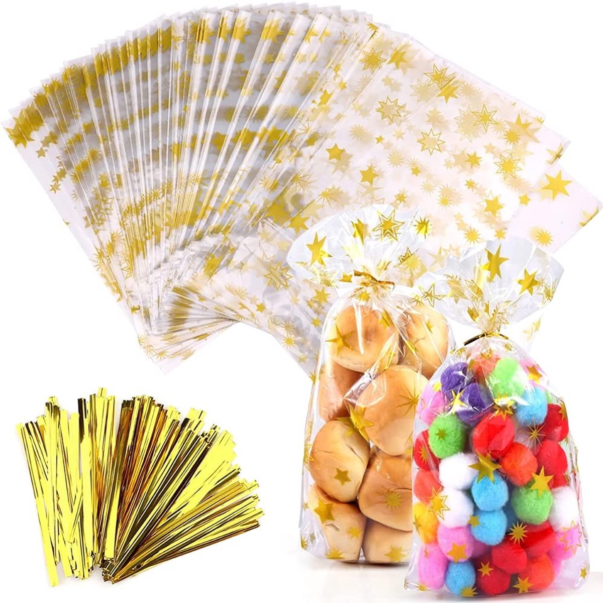 Dailygoods- Onderzakken Goud Sterren - 100 Stuks - 14x23 cm - Voedselveilig - Transparant - Sterke Sluiting - Grote Capaciteit - Candy Bags