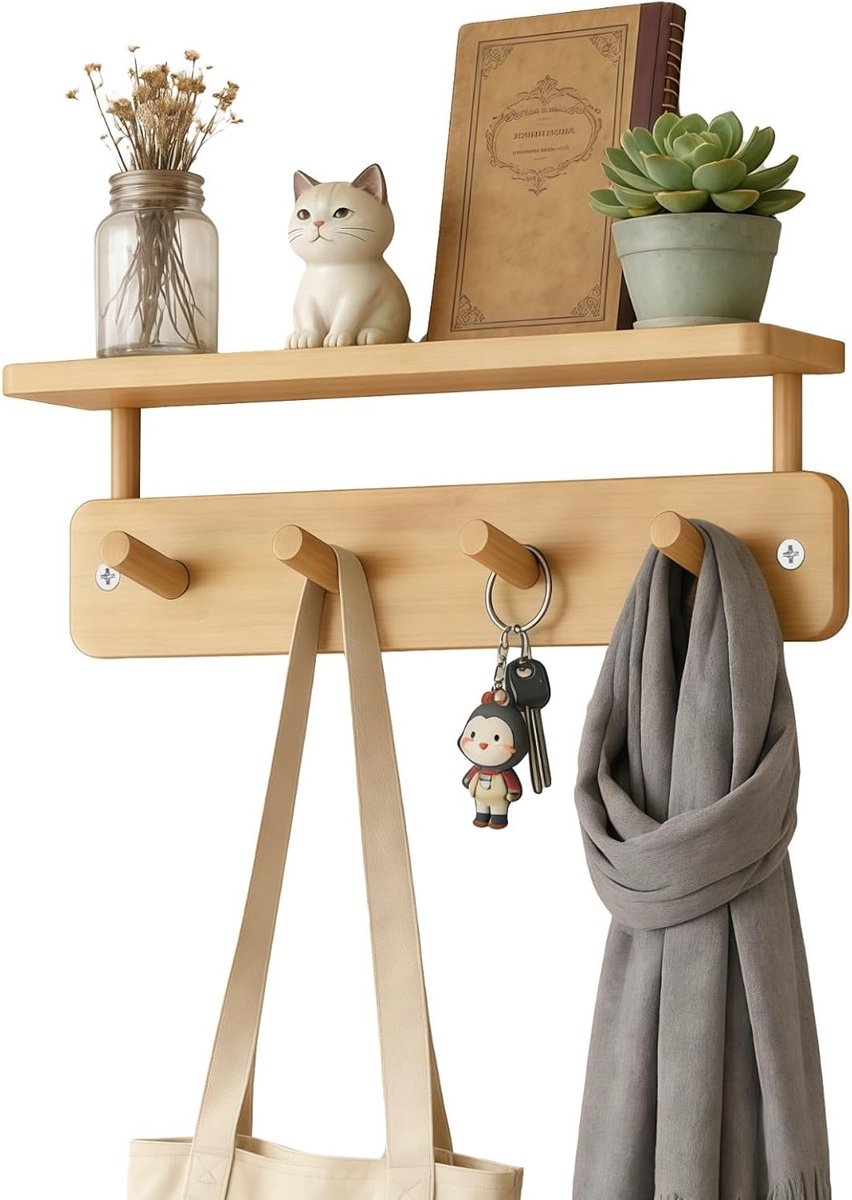 Wandgarderobe Hout - Kapstok Plank - Hal Organiseren - Boorvrije Montage - 42 x 12 cm - Na