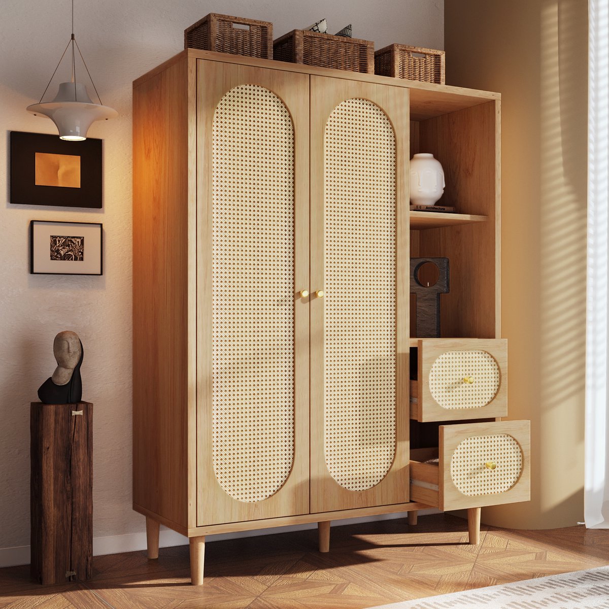 REDOM Kledingkast - Met Kledingroede en Open Vakken - Landelijke Stijl - Hout en MDF - Eikenkleur - 120 × 44 × 161 cm