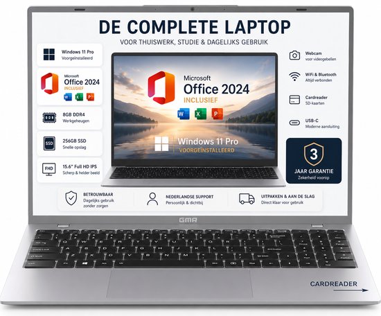 GMR 15.6 Inch Full HD Laptop | Office 2024 Inclusief | Windows 11 Pro | 8GB RAM | 256GB SSD | Direct Klaar voor Gebruik | Laptop voor Thuiswerk, Studie, School, E-mail, Internet & Kantoor | Nederlandse Support & Garantie - GMR - Hoofdafbeelding