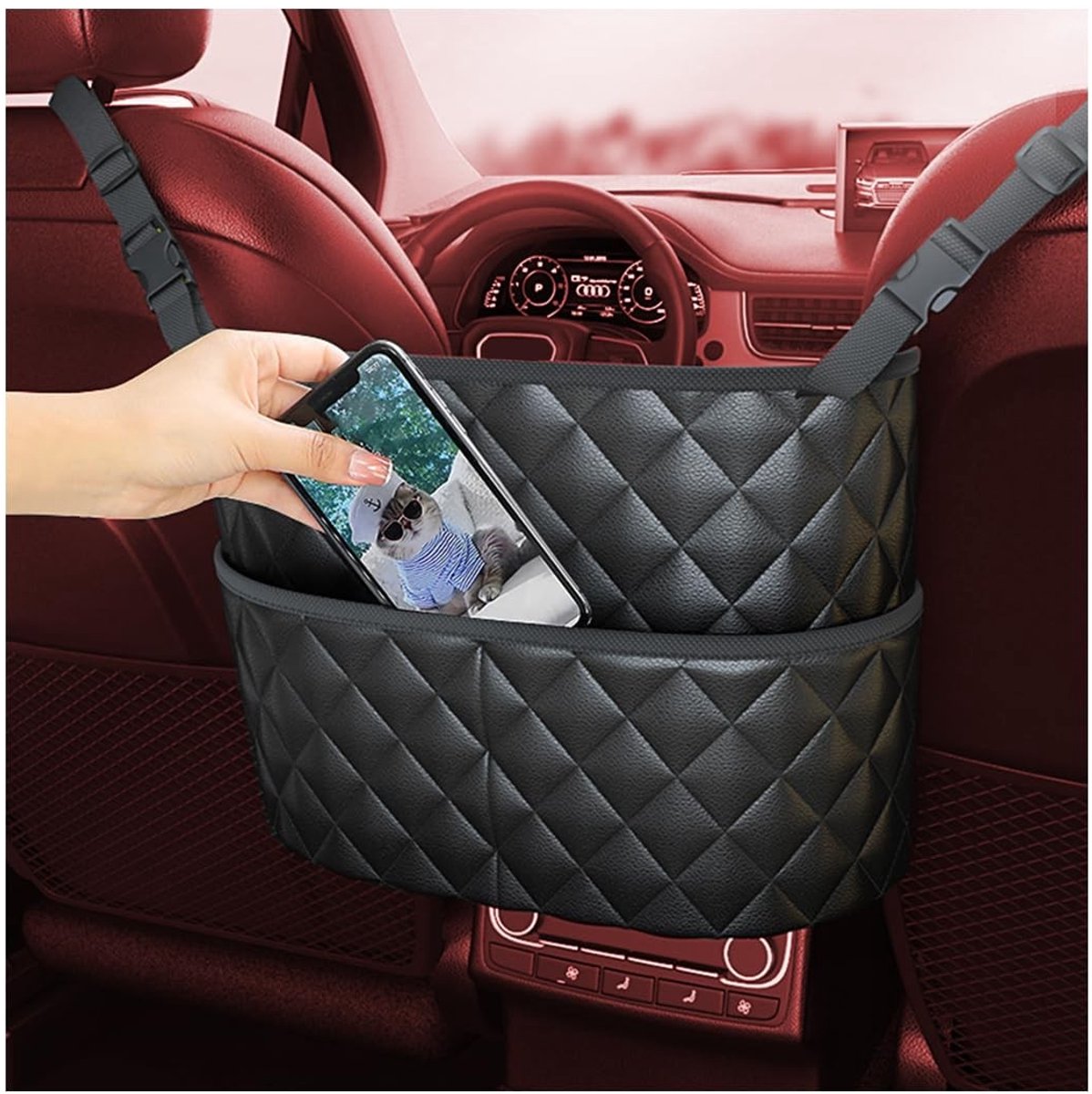Dailygoods - Lederen Opbergtas - Auto Organizer - Universale Hangtas - Zwart - Handige Tas voor Flessen en Boeken - Ideaal voor Auto-interieur