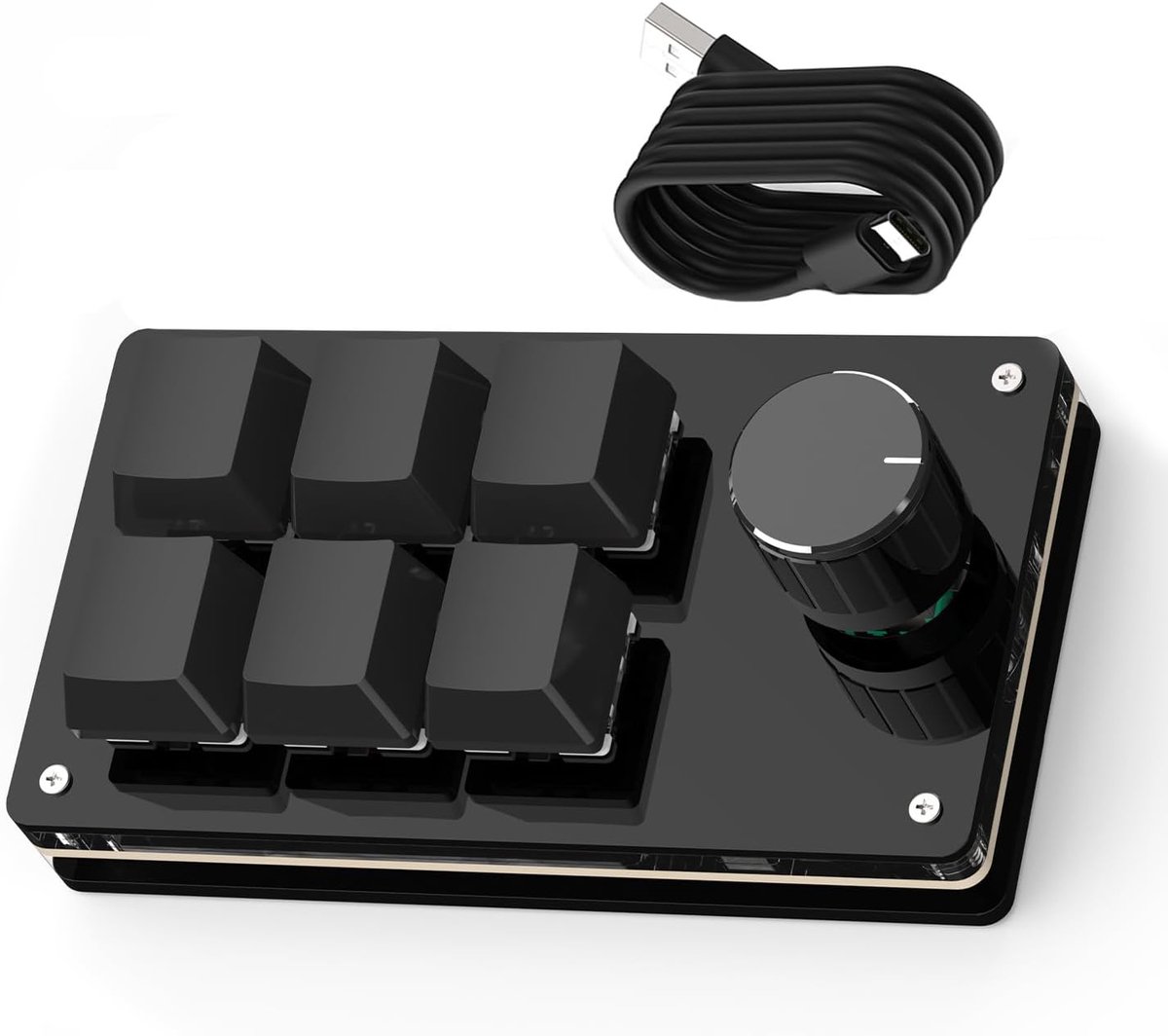 Minitoetsenbord - 10 × 5,7 × 36,5 cm - 6 toetsen - Programmeerbaar mechanisch toetsenbord - Aanpasbare draaiknop en hot-swappable switches - Bedraad ontwerp - Stofbestendige rode switches - Zwart