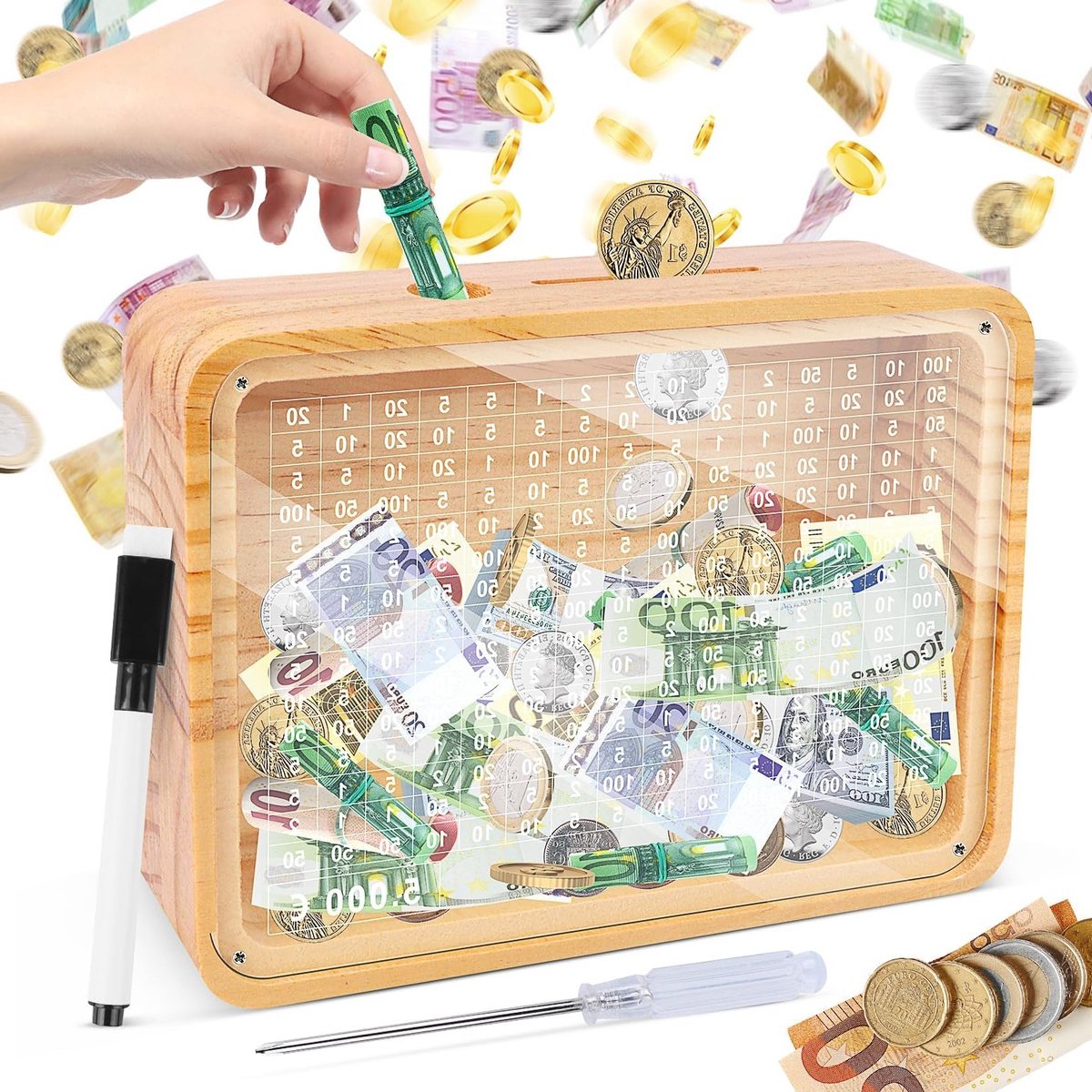 Houten spaarpot met teller en spaardoel van 5000 euro, ideale spaaroplossing voor kinderen en volwassenen, perfect voor geld besparen en sparen.
