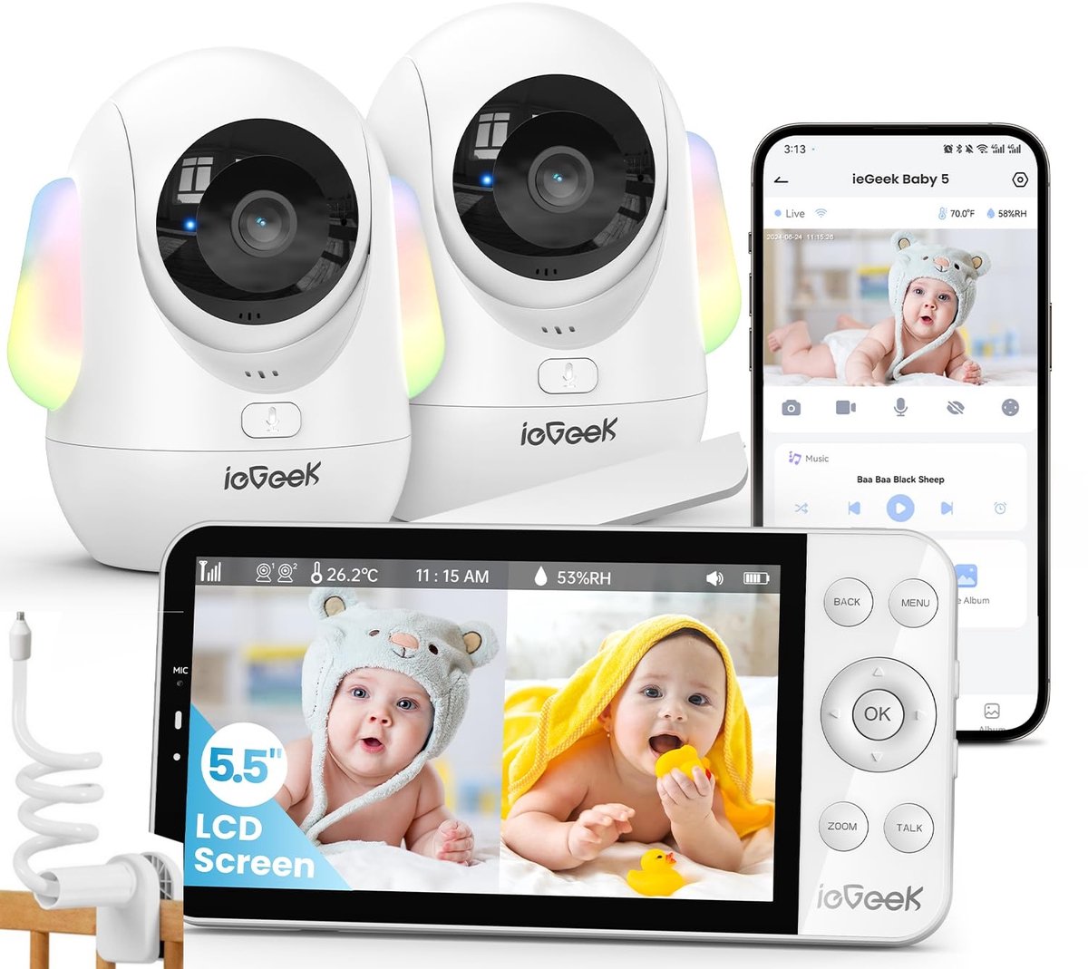 Babyfoon met 2 Camera en App met 5.5 inch Scherm - 2.5K/4MP PTZ Videobabyfoon met Camera - PTZ 360°/100° - Temperatuursensor, automatische tracking, Nachtzicht, 2-Weg Audio,Automatisch - Inclusief Flexibele Houders