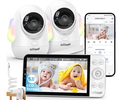 Babyfoon met 2 Camera en App met 5.5 inch Scherm - 2.5K/4MP PTZ Videobabyfoon met Camera - PTZ 360°/100° - Temperatuursensor, automatische tracking, Nachtzicht, 2-Weg Audio,Automatisch - Inclusief Flexibele Houders