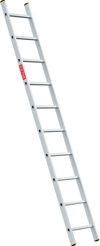 Lichtgrijze aluminium rechte ladder met rode BAULICH opdruk, 10 treden, tegen witte achtergrond.