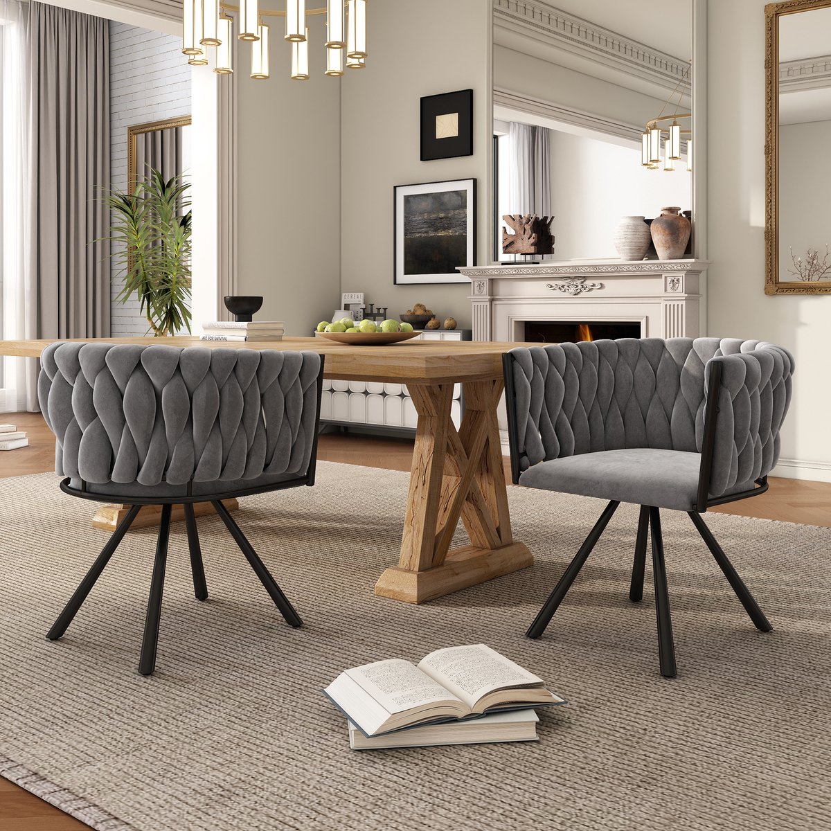 Wishdor Eetkamerstoelen Set Van 2 - Draaibaar 360 Graden - Fluwelen Bekleding - Modern Ontwerp - Grijs - Metalen Poten