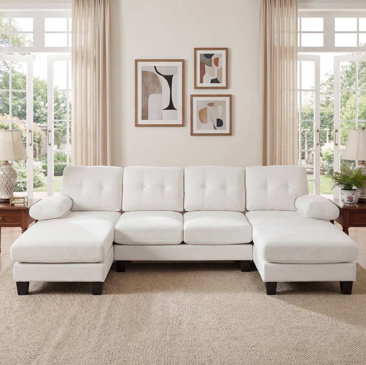 FloraGrace U-Bank – 4-Zits Sofa Met Chaise Longue Links En Rechts – Afneembare Armleuningen, Opbergvakken & Gecapitonneerde Rugleuning – Voor Woonkamer Of Kantoor – Chenille – Beige