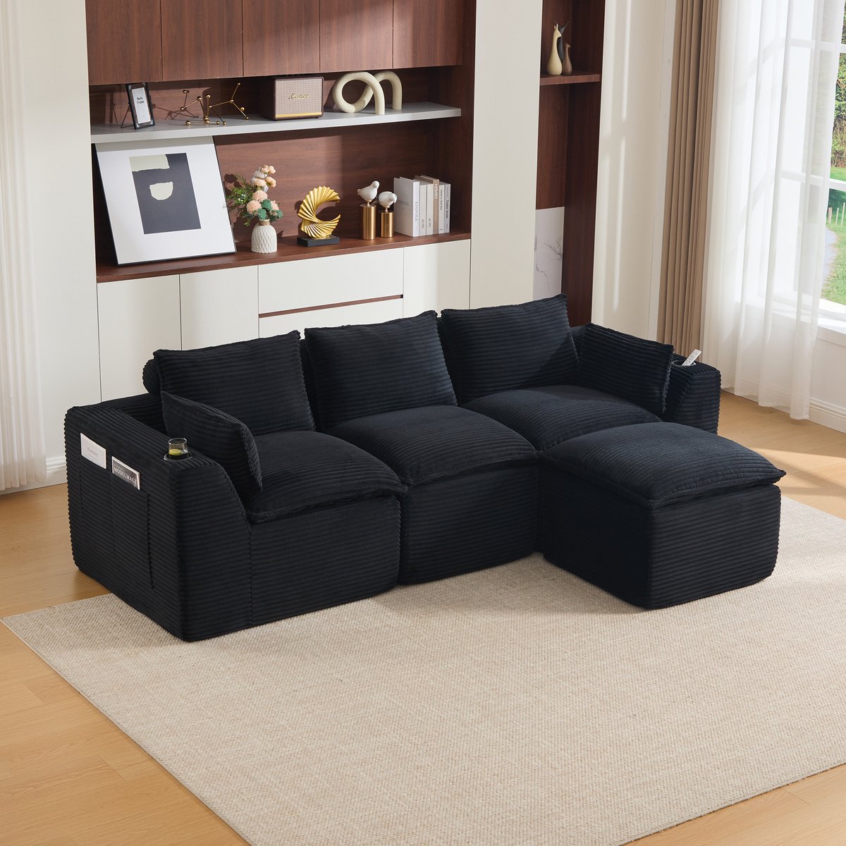 FloraGrace Zitbank 256 x 161 cm - Modulaire 3-Zits Set Met Voetbank, Kussens, Bekerhouder En Zijvakken - Corduroy - Zwart